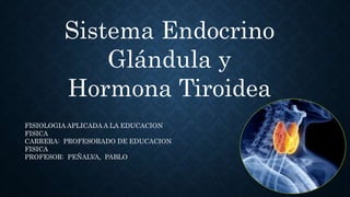 Sistema Endocrino
Glándula y
Hormona Tiroidea
FISIOLOGIA APLICADA A LA EDUCACION
FISICA
CARRERA: PROFESORADO DE EDUCACION
FISICA
PROFESOR: PEÑALVA, PABLO
 