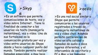 Skyp
e
ooVo
o
Es un software que permite
comunicaciones de texto, voz y
vídeo sobre Internet . Tiene la
finalidad de conectar a los
usuarios vía texto (mensajería
instantánea), voz o vídeo. Una de
sus fortalezas es la
comunicación gratuita por voz y
video entre usuarios de Skype
desde y hacia cualquier punto del
mundo. También permite realizar
llamadas especiales, a muy bajo
Es una red social similar a
Skype que permite
comunicarse a los usuarios
registrados a través de
mensajería instantánea de
voz y vídeo chat. Además
permite conferencias de
vídeo en alta calidad y
llamadas de audio a doce
lugares diferentes, y el
intercambio de escritorio y
 