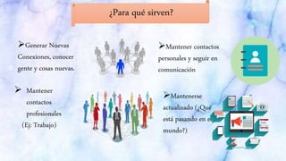 ¿Para qué sirven?
Generar Nuevas
Conexiones, conocer
gente y cosas nuevas.
Mantener contactos
personales y seguir en
comunicación
 Mantener
contactos
profesionales
(Ej: Trabajo)
Mantenerse
actualizado (¿Qué
está pasando en el
mundo?)
 