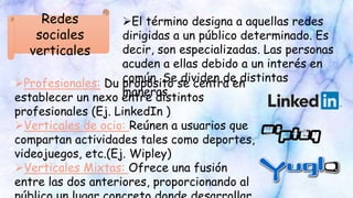 Redes
sociales
verticales
El término designa a aquellas redes
dirigidas a un público determinado. Es
decir, son especializadas. Las personas
acuden a ellas debido a un interés en
común. Se dividen de distintas
maneras.
Profesionales: Du propósito se centra en
establecer un nexo entre distintos
profesionales (Ej. LinkedIn )
Verticales de ocio: Reúnen a usuarios que
compartan actividades tales como deportes,
videojuegos, etc.(Ej. Wipley)
Verticales Mixtas: Ofrece una fusión
entre las dos anteriores, proporcionando al
 