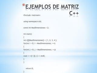 *
#include <iostream>
using namespace std;
const int MaxDimensiones = 2;
int main()
{
int v[][MaxDimensiones] = { 1, 2, 3, 4 };
for(int i = 0; i < MaxDimensiones; ++i)
{
for(int j = 0; j < MaxDimensiones; ++j)
{
cout << v[ i ][ j ] << endl;
}
}
return 0;
}
 