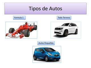 Tipos de Autos
Formula 1 Todo Terreno
Autos Pequeños
 
