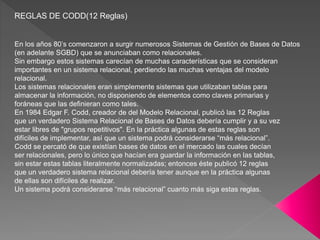 REGLAS DE CODD | PPTX | Databases | Computer Software and Applications