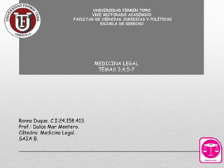 UNIVERSIDAD FERMÍN TORO
VICE RECTORADO ACADÉMICO
FACULTAD DE CIENCIAS JURÍDICAS Y POLÍTICAS
ESCUELA DE DERECHO
Ronna Duque. C.I:24.158.413.
Prof.: Dulce Mar Montero.
Cátedra: Medicina Legal.
SAIA B.
MEDICINA LEGAL
TEMAS 3,4,5-7
 