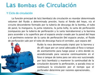 La función principal de la(s) bomba(s) de circulación es mandar determinado
volumen del fluido a determinada presión, hasta el fondo del hoyo, vía el
circuito descendente formado por la tubería de descarga de la bomba, el tubo
de paral, la manguera, la junta rotatoria, la junta kelly, la sarta de perforación
(compuesta por la tubería de perforación y la sarta lastrabarrena) y la barrena
para ascender a la superficie por el espacio anular creado por la pared del hoyo
y el perímetro exterior de la sarta de perforación Del espacio anular, el fluido
de perforación sale por el tubo de descarga hacia el cernidor, que separa del
Y Ciclo de circulación
fluido la roca desmenuzada (ripio) por la barrena y
de allí sigue por un canal adecuado al foso o tanque
de asentamiento para luego pasar a otro donde es
acondicionado para vaciarse continuamente en el
foso o tanque de toma para ser otra vez succionado
por la(s) bomba(s) y mantener la continuidad de la
circulación durante la perforación, o parada ésta se
continuará la circulación por el tiempo que el
perforador determine por razones operacionales.
 