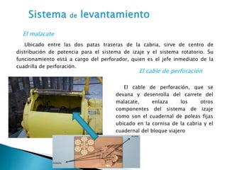 Ubicado entre las dos patas traseras de la cabria, sirve de centro de
distribución de potencia para el sistema de izaje y el sistema rotatorio. Su
funcionamiento está a cargo del perforador, quien es el jefe inmediato de la
cuadrilla de perforación.
El cable de perforación, que se
devana y desenrolla del carrete del
malacate, enlaza los otros
componentes del sistema de izaje
como son el cuadernal de poleas fijas
ubicado en la cornisa de la cabria y el
cuadernal del bloque viajero
El cable de perforación
El malacate
 