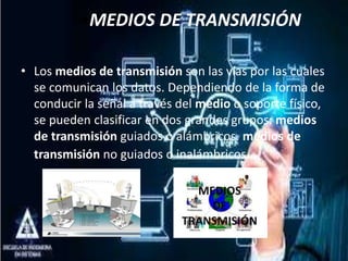 •MEDIOS DE TRANSMISIÓN
• Los medios de transmisión son las vías por las cuales
se comunican los datos. Dependiendo de la forma de
conducir la señal a través del medio o soporte físico,
se pueden clasificar en dos grandes grupos: medios
de transmisión guiados o alámbricos. medios de
transmisión no guiados o inalámbricos.
 