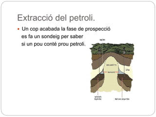 Extracció del petroli.
 Un cop acabada la fase de prospecció
es fa un sondeig per saber
si un pou conté prou petroli.
 
