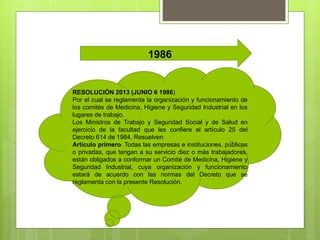 1986
RESOLUCIÓN 2013 (JUNIO 6 1986)
Por el cual se reglamenta la organización y funcionamiento de
los comités de Medicina, Higiene y Seguridad Industrial en los
lugares de trabajo.
Los Ministros de Trabajo y Seguridad Social y de Salud en
ejercicio de la facultad que les confiere el artículo 25 del
Decreto 614 de 1984, Resuelven
Artículo primero. Todas las empresas e instituciones, públicas
o privadas, que tengan a su servicio diez o más trabajadores,
están obligados a conformar un Comité de Medicina, Higiene y
Seguridad Industrial, cuya organización y funcionamiento
estará de acuerdo con las normas del Decreto que se
reglamenta con la presente Resolución.
 