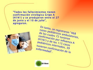"Todos los fallecimientos tienen confirmación virológica Gripe A (H1N1) y se produjeron entre el 27 de junio y el 10 de julio", agregaron.  En tanto, se registraron "468 casos pediátricos ambulatorios, de los cuales 72 tuvieron confirmación por influenza A (H1N1) y de los 115 casos pediátricos internados, 39 tuvieron confirmación de   la enfermedad".  