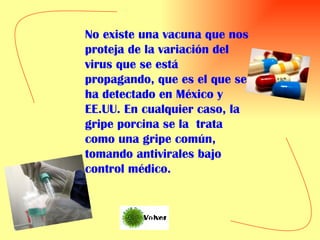 No existe una vacuna que nos proteja de la variación del virus que se está propagando, que es el que se ha detectado en México y EE.UU. En cualquier caso, la gripe porcina se la  trata como una gripe común, tomando antivirales bajo control médico. 