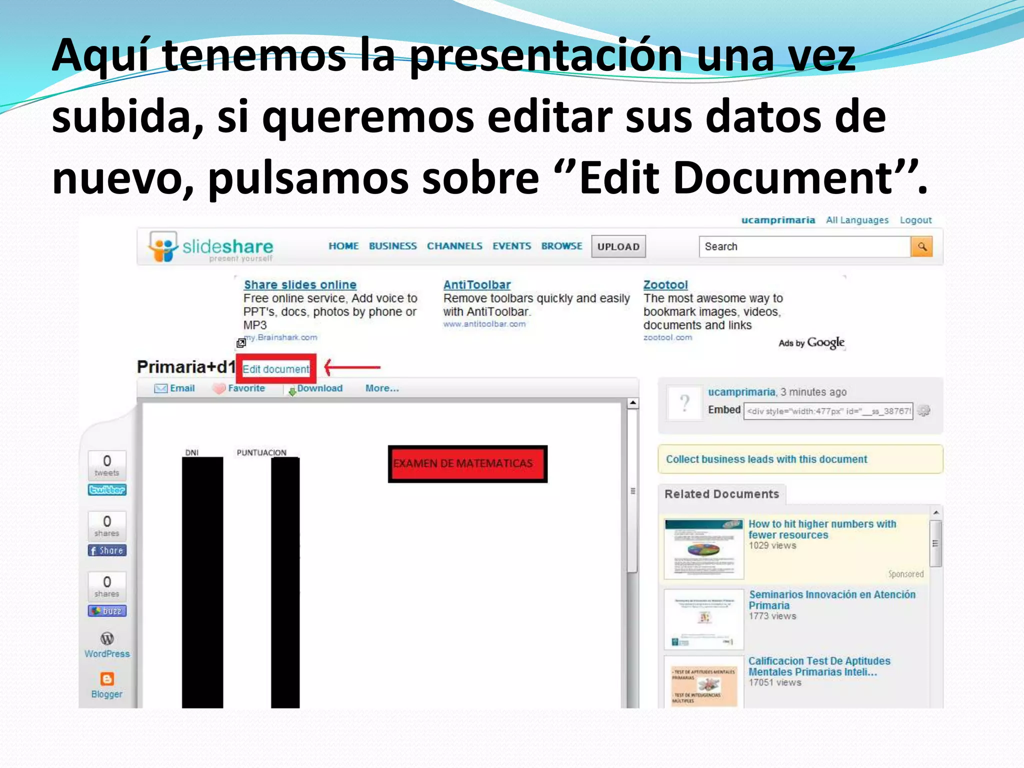 Aquí tenemos la presentación una vez subida, si queremos editar sus datos de nuevo, pulsamos sobre ‘’EditDocument’’.