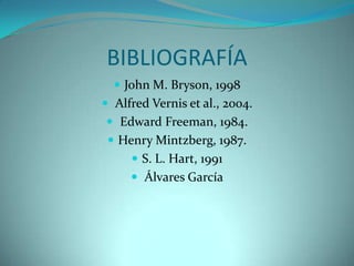 BIBLIOGRAFÍA
 John M. Bryson, 1998
 Alfred Vernis et al., 2004.
 Edward Freeman, 1984.
 Henry Mintzberg, 1987.
 S. L. Hart, 1991
 Álvares García
 
