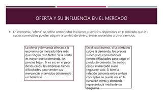 OFERTA Y SU INFLUENCIA EN EL MERCADO
 En economía, “oferta” se define como todos los bienes y servicios disponibles en el mercado que los
socios comerciales pueden adquirir a cambio de dinero, bienes materiales u otros servicios.
La oferta y demanda afectan a la
economía de mercado libre más
que ningún otro factor. Si la oferta
es mayor que la demanda, los
precios bajan. Si es así, en el peor
de los casos, las empresas tienen
dificultades para vender sus
mercancías y servicios obteniendo
un beneficio.
En el caso inverso, si la oferta no
cubre la demanda, los precios
suben y los consumidores
tienen dificultades para pagar el
producto deseado. En ambos
casos, el mercado suele
regularse solo. Si bien la
relación concreta entre ambos
conceptos se puede ver en la
curva de oferta y demanda
representada mediante un
diagrama
 