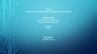 Guía 4
esfuerzos a los que están sometidos las estructuras
ESTUDIANTES:
karol Xiomara cano izasa
darlyn Andrea castaño
GRUPO:
10°1
DOCENTE:
ANDRES VILLA
 