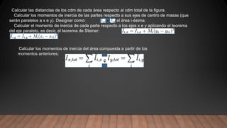 Calcular las distancias de los cdm de cada área respecto al cdm total de la figura.
Calcular los momentos de inercia de las partes respecto a sus ejes de centro de masas (que
serán paralelos a x e y). Designar como: para el área i-ésima.
Calcular el momento de inercia de cada parte respecto a los ejes x e y aplicando el teorema
del eje paralelo, es decir, el teorema de Steiner: y
Calcular los momentos de inercia del área compuesta a partir de los
momentos anteriores:
 