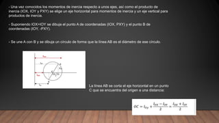 - Una vez conocidos los momentos de inercia respecto a unos ejes, así como el producto de
inercia (IOX, IOY y PXY) se elige un eje horizontal para momentos de inercia y un eje vertical para
productos de inercia.
- Suponiendo IOX>IOY se dibuja el punto A de coordenadas (IOX, PXY) y el punto B de
coordenadas (IOY, -PXY).
- Se une A con B y se dibuja un círculo de forma que la línea AB es el diámetro de ese círculo.
La línea AB se corta el eje horizontal en un punto
C que se encuentra del origen a una distancia:
 
