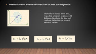 • Determinación del momento de inercia de un área por integración:
-Momento de inercia de un área,
respecto a un eje en su plano, está
dado por el producto del área y el
cuadrado de la distancia entre el
elemento y el eje.
 