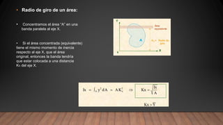 • Radio de giro de un área:
• Si el área concentrada (equivalente)
tiene el mismo momento de inercia
respecto al eje X, que el área
original, entonces la banda tendría
que estar colocada a una distancia
KX del eje X.
• Concentramos el área “A” en una
banda paralela al eje X.
 
