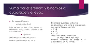 Suma por diferencia y binomios al
cuadrado y al cubo
 Suma por diferencia
(a+b)(a−b)=a2−b2
Esta fórmula se lee como suma por
diferencia es igual a la diferencia de
los cuadrados.
 Ejemplo:
(x+2)(x−2)=x2−4(x+2)(x−2)=x2−4
Hemos identificado a = x y b = 2.
Binomios al cuadrado y al cubo
Un binomio es una suma o una resta de
dos elementos, por ejemplo:
• 3 + 2
• x + 3
• 5 - x 2
Una potencia de binomios es
(a + b)···(a + b) = (a + b) n
Nosotros veremos los casos n =
2 (cuadrado) y n = 3 (cubo).
 