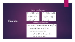 Ejercicios
Suma por diferencia
Binomios al cuadrado
 
