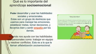 Qué es lo importante del
aprendizaje socioemocional
Poder desarrollar y usar las habilidades
sociales y emocionales.
Estas son un grupo de destrezas que
usamos para manejar las emociones,
establecer metas, tomar decisiones, y
llevarnos bien y sentir empatía por los
demás.
Además nos ayuda con las habilidades
interpersonales como: trabajar en equipo
y resolver conflictos. Esto es a lo que le
llaman alfabetización socioemocional.
 