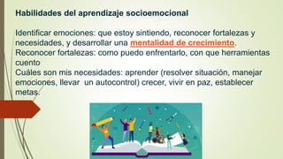 Habilidades del aprendizaje socioemocional
Identificar emociones: que estoy sintiendo, reconocer fortalezas y
necesidades, y desarrollar una mentalidad de crecimiento.
Reconocer fortalezas: como puedo enfrentarlo, con que herramientas
cuento
Cuáles son mis necesidades: aprender (resolver situación, manejar
emociones, llevar un autocontrol) crecer, vivir en paz, establecer
metas.
 