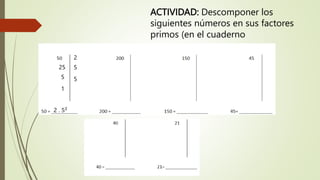 ACTIVIDAD: Descomponer los
siguientes números en sus factores
primos (en el cuaderno
2
25 5
5 5
1
2 . 52