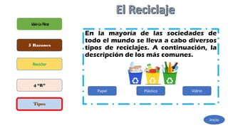 En la mayoría de las sociedades de
todo el mundo se lleva a cabo diversos
tipos de reciclajes. A continuación, la
descripción de los más comunes.
ValelaPena
5 Razones
Reciclar
4 “R”
Tipos
Inicio
Papel Plástico Vidrio
 