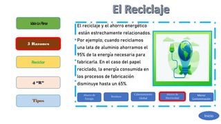 El reciclaje y el ahorro energético
están estrechamente relacionados.
Por ejemplo, cuando reciclamos
una lata de aluminio ahorramos el
95% de la energía necesaria para
fabricarla. En el caso del papel
reciclado, la energía consumida en
los procesos de fabricación
disminuye hasta un 65%.
ValelaPena
5 Razones
Reciclar
4 “R”
Tipos
Ahorro de
Energía
Residuos
Calentamiento
Global
Ahorro de
Electricidad
Menor
Contaminación
Inicio
 