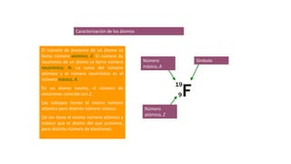 Caracterización de los átomos
El número de protones de un átomo se
llama número atómico, Z. El número de
neutrones de un átomo se llama número
neutrónico, N. La suma del número
atómico y el número neutrónico es el
número másico, A.
En un átomo neutro, el número de
electrones coincide con Z.
Los isótopos tienen el mismo número
atómico pero distinto número másico.
Un ion tiene el mismo número atómico y
másico que el átomo del que proviene,
pero distinto número de electrones.
F
19
9
Número
másico, A
Símbolo
Número
atómico, Z
 
