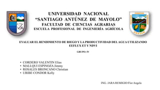 UNIVERSIDAD NACIONAL
“SANTIAGO ANTÚNEZ DE MAYOLO”
FACULTAD DE CIENCIAS AGRARIAS
ESCUELA PROFESIONAL DE INGENIERÍA AGRÍCOLA
EVALUAR EL RENDIMIENTO DE RIEGO Y LA PRODUCTIVIDAD DELAGUA UTILIZANDO
EEFLUX ET Y NDVI
GRUPO: IV
• CORDERO VALENTIN Elias
• MALLQUI ESPINOZA Jimmy
• ROSALES BRONCANO Christian
• URIBE CONDOR Kelly
ING. JARA REMIGIO Flor Angela
 