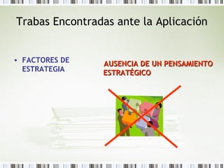 Trabas Encontradas ante la Aplicación
• FACTORES DE
ESTRATEGIA
AUSENCIA DE UN PENSAMIENTOAUSENCIA DE UN PENSAMIENTO
ESTRATÉGICOESTRATÉGICO
 
