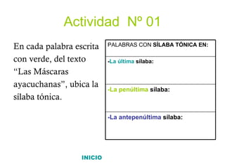 Actividad  Nº 01 En cada palabra escrita con verde, del texto “ Las Máscaras ayacuchanas”, ubica la  sílaba tónica. INICIO -La antepenúltima  sílaba: -La penúltima   sílaba: - La última  sílaba: PALABRAS CON  SÍLABA TÓNICA EN: 