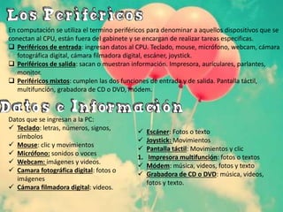 En computación se utiliza el termino periféricos para denominar a aquellos dispositivos que se
conectan al CPU, están fuera del gabinete y se encargan de realizar tareas especificas.
 Periféricos de entrada: ingresan datos al CPU. Teclado, mouse, micrófono, webcam, cámara
fotográfica digital, cámara filmadora digital, escáner, joystick.
 Periféricos de salida: sacan o muestran información. Impresora, auriculares, parlantes,
monitor.
 Periféricos mixtos: cumplen las dos funciones de entrada y de salida. Pantalla táctil,
multifunción, grabadora de CD o DVD, módem.
Datos que se ingresan a la PC:
 Teclado: letras, números, signos,
símbolos
 Mouse: clic y movimientos
 Micrófono: sonidos o voces
 Webcam: imágenes y videos.
 Camara fotográfica digital: fotos o
imágenes
 Cámara filmadora digital: videos.
 Escáner: Fotos o texto
 Joystick: Movimientos
 Pantalla táctil: Movimientos y clic
1. Impresora multifunción: fotos o textos
 Módem: música, videos, fotos y texto
 Grabadora de CD o DVD: música, videos,
fotos y texto.
 
