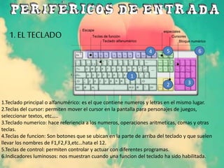1.Teclado principal o alfanumérico: es el que contiene numeros y letras en el mismo lugar.
2.Teclas del cursor: permiten mover el cursor en la pantalla para personajes de juegos,
seleccionar textos, etc…..
3.Teclado numerico: hace referiencia a los numeros, operaciones aritmeticas, comas y otras
teclas.
4.Teclas de funcion: Son botones que se ubican en la parte de arriba del teclado y que suelen
llevar los nombres de F1,F2,F3,etc…hata el 12.
5.Teclas de control: permiten controlar y actuar con diferentes programas.
6.Indicadores luminosos: nos muestran cuando una funcion del teclado ha sido habilitada.
1
2 3
4 5 6
1. EL TECLADO
 