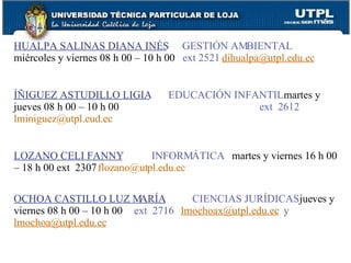 HUALPA SALINAS DIANA INÉS   GESTIÓN AMBIENTAL  miércoles y viernes 08 h 00 – 10 h 00   ext 2521  [email_address] ÍÑIGUEZ ASTUDILLO LIGIA   EDUCACIÓN INFANTIL  martes y jueves 08 h 00 – 10 h 00   ext  2612  [email_address] LOZANO CELI FANNY   INFORMÁTICA  martes y viernes 16 h 00 – 18 h 00 ext  2307   [email_address] OCHOA CASTILLO LUZ MARÍA   CIENCIAS JURÍDICAS  jueves y viernes 08 h 00 – 10 h 00   ext  2716  [email_address]   y  [email_address] 