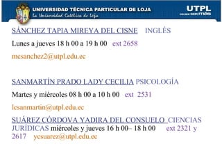 SÁNCHEZ TAPIA MIREYA DEL CISNE   INGLÉS Lunes a jueves 18 h 00 a 19 h 00   ext 2658 [email_address] SANMARTÍN PRADO LADY CECILIA   PSICOLOGÍA Martes y miércoles 08 h 00 a 10 h 00   ext  2531 [email_address] SUÁREZ CÓRDOVA YADIRA DEL CONSUELO   CIENCIAS JURÍDICAS   miércoles y jueves 16 h 00– 18 h 00   ext 2321 y 2617  [email_address] 