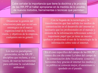 :
            Cabe señalar la importancia que tiene la doctrina y la práctica
            de las RR.PP el hallar apropiarse en la medida de lo posible,
             de nuevos métodos, herramientas o técnicas que permitan:


     Dinamizar la gestión del               Con la llegada de la tecnología y la
 relacionista para que su rol sea      transformación que han sufrido los medios de
     estratégico en el marco            comunicación en el desarrollo del internet es
   organizacional de la misión,        necesario que los profesionales en el manejo y
visión, y objetivos de la empresa,     emisión de la información reflexionen sobre el
    cualquiera sea su generó.             importante papel que ya tiene en nuestro
                                      quehacer profesional el uso de la tecnología de la
                                             información sobre todo el internet.


       Los nuevos paradigmas,          En el caso específico del campo de las RR.PP ,
      gerenciales, en las RR.PP ,      vemos día con día como La labor del campo de
    disciplina que reclama, a viva       la comunicación debe focalizarse a nuevos
    voces, de nuevas herramientas      horizontes hoy gracias al internet los medios y
     para enfrentar la variabilidad     su público se conocen mejor, el anonimato a
              ambiental.                           quedado en el pasado.
 