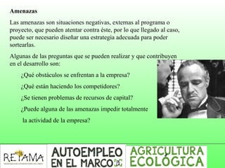 Amenazas
Las amenazas son situaciones negativas, externas al programa o
proyecto, que pueden atentar contra éste, por lo que llegado al caso,
puede ser necesario diseñar una estrategia adecuada para poder
sortearlas.
Algunas de las preguntas que se pueden realizar y que contribuyen
en el desarrollo son:
¿Qué obstáculos se enfrentan a la empresa?
¿Qué están haciendo los competidores?
¿Se tienen problemas de recursos de capital?
¿Puede alguna de las amenazas impedir totalmente
la actividad de la empresa?
 