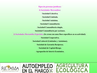 Tipos de personas jurídicas:
1) Sociedades Mercantiles:
· Sociedad Colectiva.
· Sociedad Limitada.
· Sociedad Anónima.
· Sociedad Comanditaria:
· Sociedad Comanditaria simple.
· Sociedad Comanditaria por acciones.
2) Sociedades Mercantiles Especiales (Se crean con unos fines específicos en su actividad):
· Sociedad Cooperativa.
· Sociedad Laboral (Limitadas y Anónimas).
· Sociedad de Garantía Recíproca.
· Sociedad de Capital-Riesgo.
· Agrupación de Interés Económico.
 