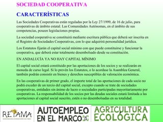 SOCIEDAD COOPERATIVA
CARACTERÍSTICAS
Las Sociedades Cooperativas están reguladas por la Ley 27/1999, de 16 de julio, para
cooperativas de ámbito estatal. Las Comunidades Autónomas, en el ámbito de sus
competencias, poseen legislaciones propias.
La sociedad cooperativa se constituirá mediante escritura pública que deberá ser inscrita en
el Registro de Sociedades Cooperativas, con lo que adquirirá personalidad jurídica.
Los Estatutos fijarán el capital social mínimo con que puede constituirse y funcionar la
cooperativa, que deberá estar totalmente desembolsado desde su constitución.
EN ANDALUCÍA YA NO HAY CAPITAL MÍNIMO
El capital social estará constituido por las aportaciones de los socios y se realizarán en
moneda de curso legal. Si lo prevén los Estatutos, o lo acordase la Asamblea General,
también podrán consistir en bienes y derechos susceptibles de valoración económica.
En las cooperativas de primer grado, el importe total de las aportaciones de cada socio no
podrá exceder de un tercio del capital social, excepto cuando se trate de sociedades
cooperativas, entidades sin ánimo de lucro o sociedades participadas mayoritariamente por
cooperativas. La responsabilidad de los socios por las deudas sociales estará limitada a las
aportaciones al capital social suscrito, estén o no desembolsadas en su totalidad.
 