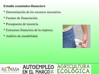 Estudio económico-financiero
* Determinación de los recursos necesarios.
* Fuentes de financiación.
* Presupuesto de tesorería.
* Estructura financiera de la empresa.
* Análisis de rentabilidad.
 