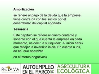 Amortización
se refiere al pago de la deuda que la empresa
tiene contraída con los socios por el
desembolso del capital aportado.
Tesorería
Este capítulo se refiere al dinero contante y
sonante con el que cuenta la empresa en cada
momento, es decir, a su liquidez. Al inicio habrá
que reflejar la inversión inicial En cuanto a los,
de ahí que aparezca
en números negativos).
 