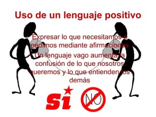 Uso de un lenguaje positivo Expresar lo que necesitamos o pedimos mediante afirmaciones Un lenguaje vago aumenta la confusión de lo que nosotros queremos y lo que entienden los demás 