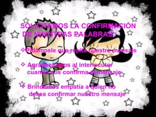SOLICITEMOS  LA CONFIRMACIÓN  DE NUETRAS PALABRAS SOLICITEMOS LA CONFIRMACIÓN DE NUESTRAS PALABRAS Pidámosle que repita nuestro mensaje Agradezcamos al interlocutor  cuando nos confirma el mensaje Brindemos empatía a quien no  desea confirmar nuestro mensaje 