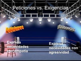 Peticiones vs. Exigencias Peticiones Exigencias Expresa necesidades con agresividad Expresa necesidades con empatía 