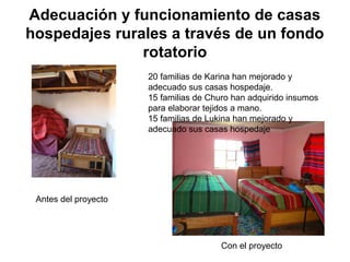 Adecuación y funcionamiento de casas
hospedajes rurales a través de un fondo
rotatorio
Antes del proyecto
Con el proyecto
20 familias de Karina han mejorado y
adecuado sus casas hospedaje.
15 familias de Churo han adquirido insumos
para elaborar tejidos a mano.
15 familias de Lukina han mejorado y
adecuado sus casas hospedaje
 