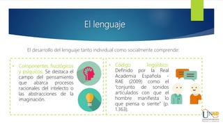 El lenguaje
El desarrollo del lenguaje tanto individual como socialmente comprende:
• Componentes fisiológicos
y psíquicos: Se destaca el
campo del pensamiento
que abarca procesos
racionales del intelecto o
las abstracciones de la
imaginación.
• Código lingüístico:
Definido por la Real
Academia Española -
RAE (2009) como el
“conjunto de sonidos
articulados con que el
hombre manifiesta lo
que piensa o siente” (p.
1.363).
 