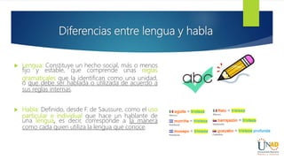  Lengua: Constituye un hecho social, más o menos
fijo y estable, que comprende unas reglas
gramaticales que la identifican como una unidad,
o que debe ser hablada o utilizada de acuerdo a
sus reglas internas.
 Habla: Definido, desde F. de Saussure, como el uso
particular e individual que hace un hablante de
una lengua, es decir, corresponde a la manera
como cada quien utiliza la lengua que conoce.
Diferencias entre lengua y habla
 